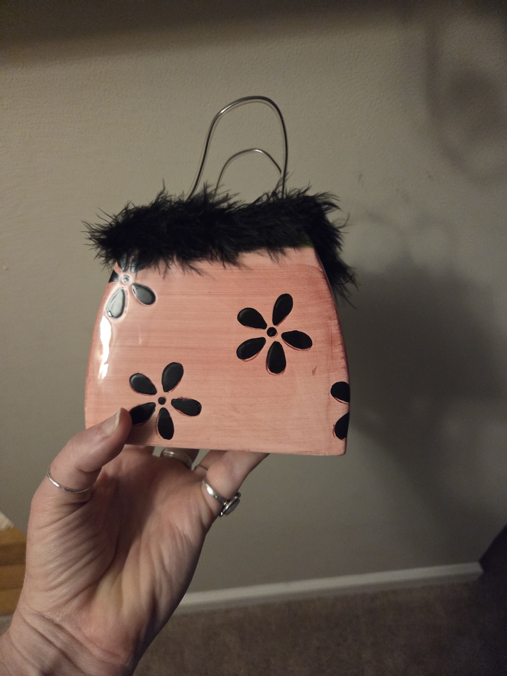 Pink black & white small ceramic floral purse with feather details decoration